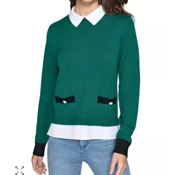 Karl Lagerfeld Paris Layered Essentials - Green Wool Blend Holiday Sweater Sz L - Picture 2 of 14